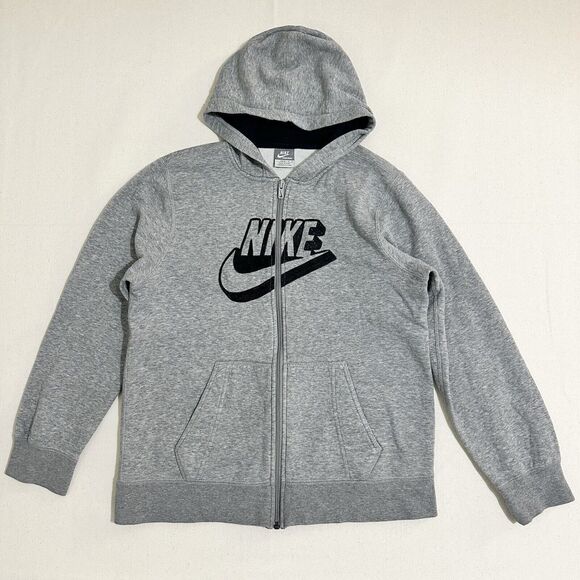 Nike Hooded Sweatshirt Jacket Youth Large 14-16 Gray Big Spell Out Center Swoosh - Picture 1 of 9